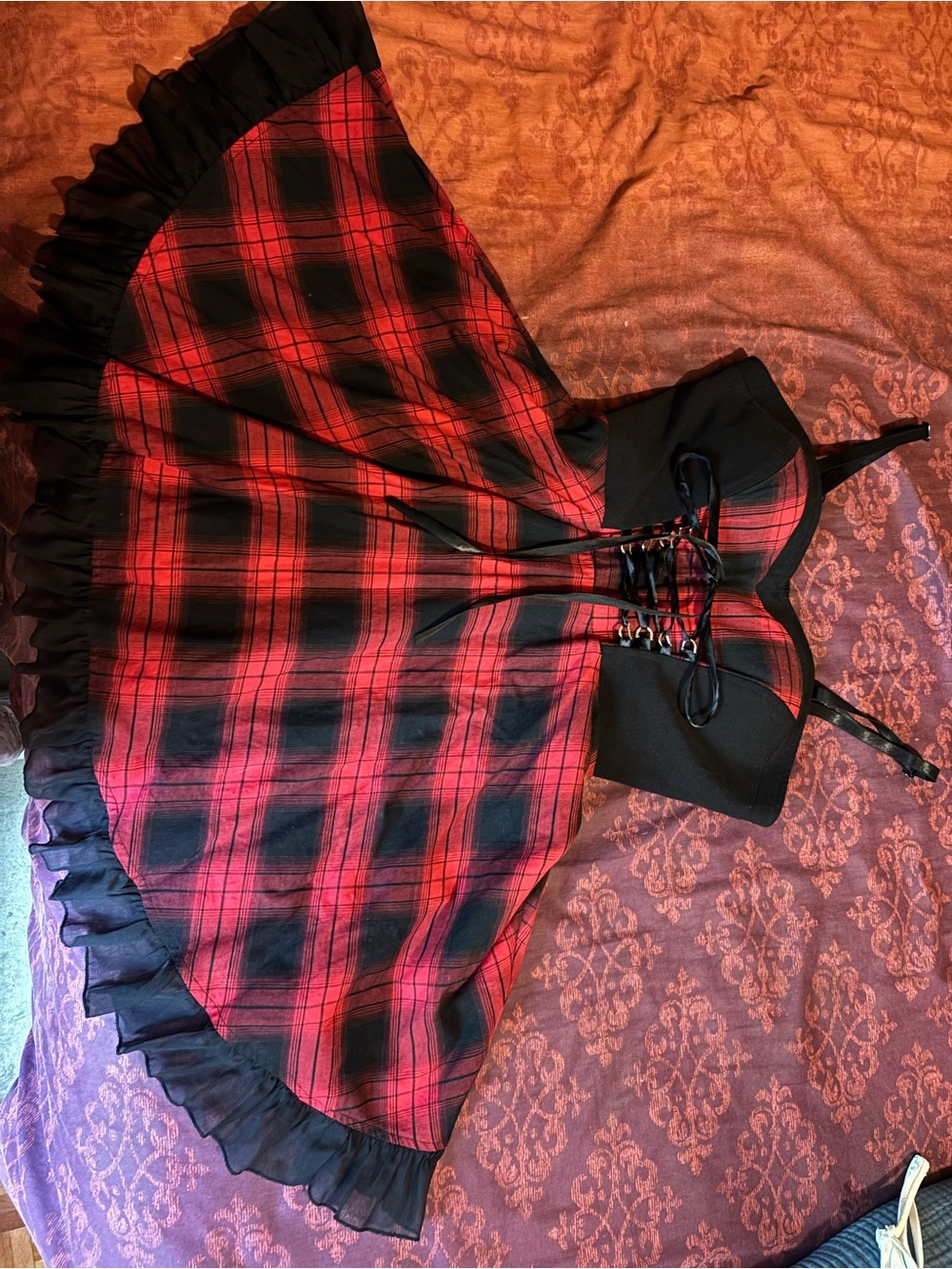 Red Plaid Midi Dress with Lace-Up Bodice